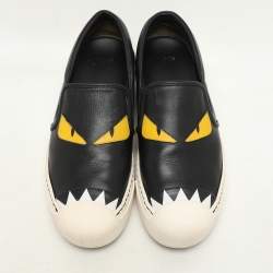 Fendi Black Leather Monster Slip On Sneakers Size 38.5