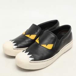 Fendi Black Leather Monster Slip On Sneakers Size 38.5