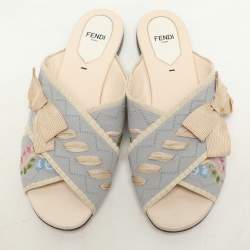Fendi Multicolor Knit Fabric Criss Cross Bow Flat Slides Size 39