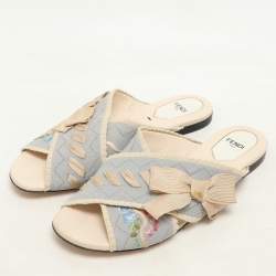 Fendi Multicolor Knit Fabric Criss Cross Bow Flat Slides Size 39