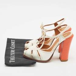 Fendi White/Orange Lizard Embossed and Patent Leather Cut Out T-Strap Sandals Size 38