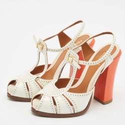 Fendi White/Orange Lizard Embossed and Patent Leather Cut Out T-Strap Sandals Size 38
