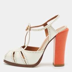 Fendi White/Orange Lizard Embossed and Patent Leather Cut Out T-Strap Sandals Size 38