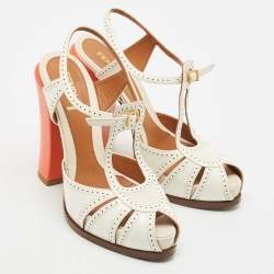 Fendi White/Orange Lizard Embossed and Patent Leather Cut Out T-Strap Sandals Size 38
