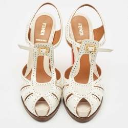 Fendi White/Orange Lizard Embossed and Patent Leather Cut Out T-Strap Sandals Size 38