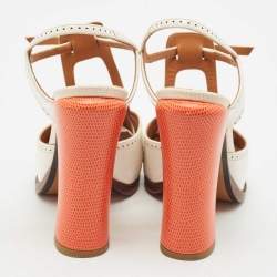 Fendi White/Orange Lizard Embossed and Patent Leather Cut Out T-Strap Sandals Size 38