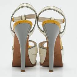 Fendi White/Yellow Patent Leather Fendista T-Strap Sandals Size 37