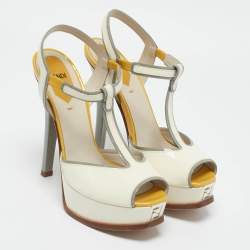 Fendi White/Yellow Patent Leather Fendista T-Strap Sandals Size 37