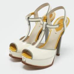 Fendi White/Yellow Patent Leather Fendista T-Strap Sandals Size 37