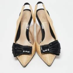 Pre Owned Fendi Beige/Black Woven Raffia and Patent Leather Bow Slingback Pumps Size 36.5