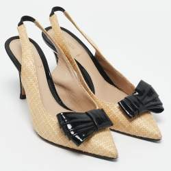 Pre Owned Fendi Beige/Black Woven Raffia and Patent Leather Bow Slingback Pumps Size 36.5