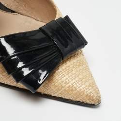 Pre Owned Fendi Beige/Black Woven Raffia and Patent Leather Bow Slingback Pumps Size 36.5