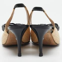Pre Owned Fendi Beige/Black Woven Raffia and Patent Leather Bow Slingback Pumps Size 36.5