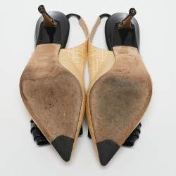 Pre Owned Fendi Beige/Black Woven Raffia and Patent Leather Bow Slingback Pumps Size 36.5