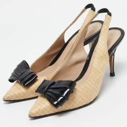 Pre Owned Fendi Beige/Black Woven Raffia and Patent Leather Bow Slingback Pumps Size 36.5