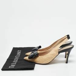 Pre Owned Fendi Beige/Black Woven Raffia and Patent Leather Bow Slingback Pumps Size 36.5
