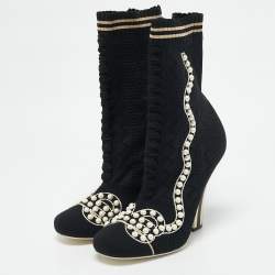 Fendi Black Knit Fabric Pearl Embellished Sock Ankle Boots Size 40