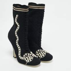 Fendi Black Knit Fabric Pearl Embellished Sock Ankle Boots Size 40