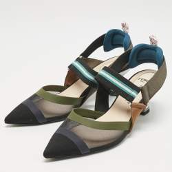 Fendi Multicolor Mesh and Canvas Colibri Slingback Pumps Size 37.5