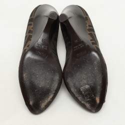 Pre Owned Fendi Tobacco Zucca Canvas and Suede Wedge Peep Toe Pumps Size 36