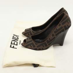 Pre Owned Fendi Tobacco Zucca Canvas and Suede Wedge Peep Toe Pumps Size 36