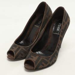 Pre Owned Fendi Tobacco Zucca Canvas and Suede Wedge Peep Toe Pumps Size 36