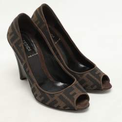 Pre Owned Fendi Tobacco Zucca Canvas and Suede Wedge Peep Toe Pumps Size 36