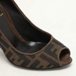 Pre Owned Fendi Tobacco Zucca Canvas and Suede Wedge Peep Toe Pumps Size 36