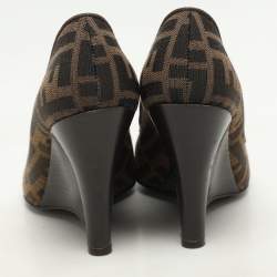 Pre Owned Fendi Tobacco Zucca Canvas and Suede Wedge Peep Toe Pumps Size 36