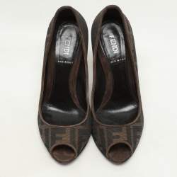 Pre Owned Fendi Tobacco Zucca Canvas and Suede Wedge Peep Toe Pumps Size 36