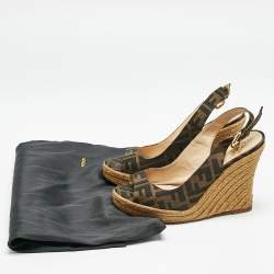 Fendi Brown Zucca Canvas Espadrille Wedge Platform Slingback Sandals Size 38