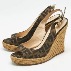 Fendi Brown Zucca Canvas Espadrille Wedge Platform Slingback Sandals Size 38