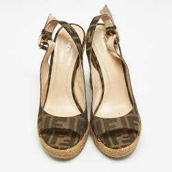 Fendi Brown Zucca Canvas Espadrille Wedge Platform Slingback Sandals Size 38