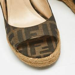 Fendi Brown Zucca Canvas Espadrille Wedge Platform Slingback Sandals Size 38