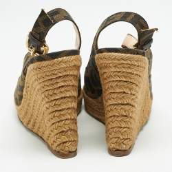Fendi Brown Zucca Canvas Espadrille Wedge Platform Slingback Sandals Size 38