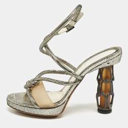 Fendi Gold Lizard Embossed Leather Chain Cage Heel Platform Sandals Size 39 