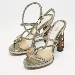 Fendi Gold Lizard Embossed Leather Chain Cage Heel Platform Sandals Size 39 