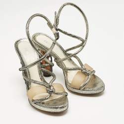 Fendi Gold Lizard Embossed Leather Chain Cage Heel Platform Sandals Size 39 