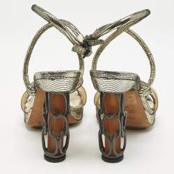 Fendi Gold Lizard Embossed Leather Chain Cage Heel Platform Sandals Size 39 
