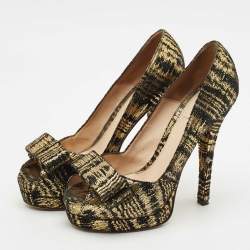 Fendi Black/Gold Suede Peep Toe Platform Pumps Size 38