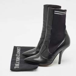 Fendi Black Leather And Stretch Knit Fabric Rockoko Ankle Boots Size 38.5