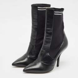 Fendi Black Leather And Stretch Knit Fabric Rockoko Ankle Boots Size 38.5
