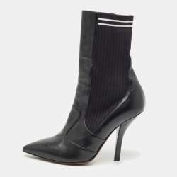 Fendi Black Leather And Stretch Knit Fabric Rockoko Ankle Boots Size 38.5