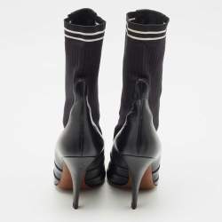 Fendi Black Leather And Stretch Knit Fabric Rockoko Ankle Boots Size 38.5