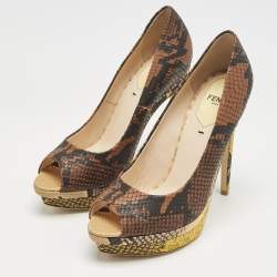 Fendi Brown Python Embossed Leather Peep Toe Platform Pumps Size 37.5