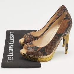 Fendi Brown Python Embossed Leather Peep Toe Platform Pumps Size 37.5