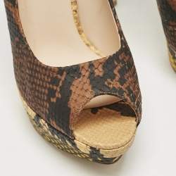 Fendi Brown Python Embossed Leather Peep Toe Platform Pumps Size 37.5