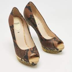 Fendi Brown Python Embossed Leather Peep Toe Platform Pumps Size 37.5