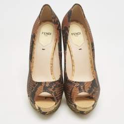 Fendi Brown Python Embossed Leather Peep Toe Platform Pumps Size 37.5