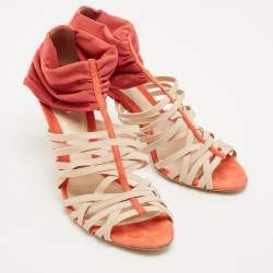 Fendi Red/Beige Suede And Elastic Strappy Sandals Size 38